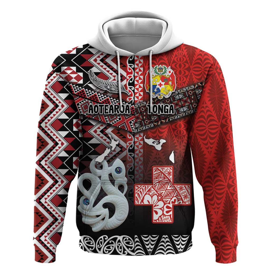 Personalised Aotearoa and Tonga Together Zip Hoodie Manaia and Tongan Tribal Cross - Taniko and Ngatu Art Tattoo LT03 Pullover Hoodie Red - Polynesian Pride