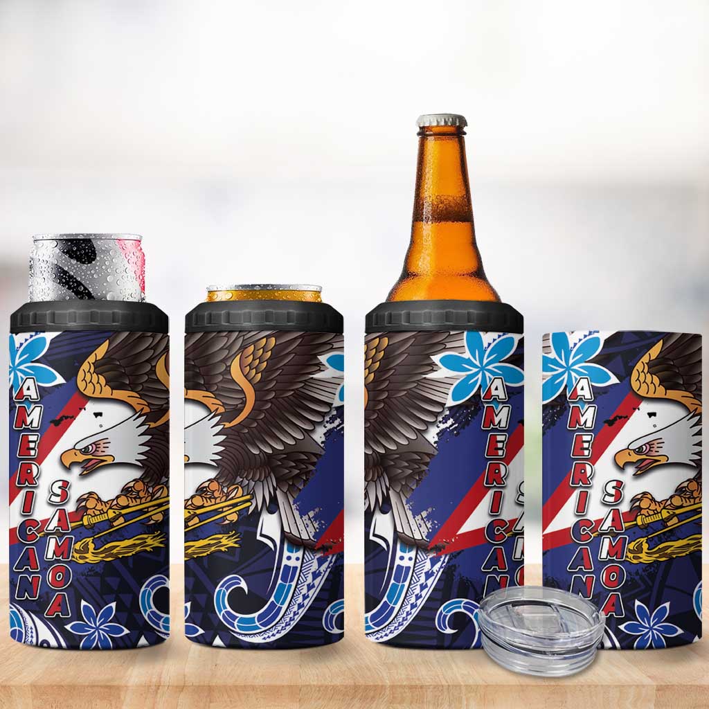 American Samoa Flag Day 4 in 1 Can Cooler Tumbler Bald Eagle with Uatogi and Fue - Polynesian and Floral Tribal Tattoo LT03 - Polynesian Pride