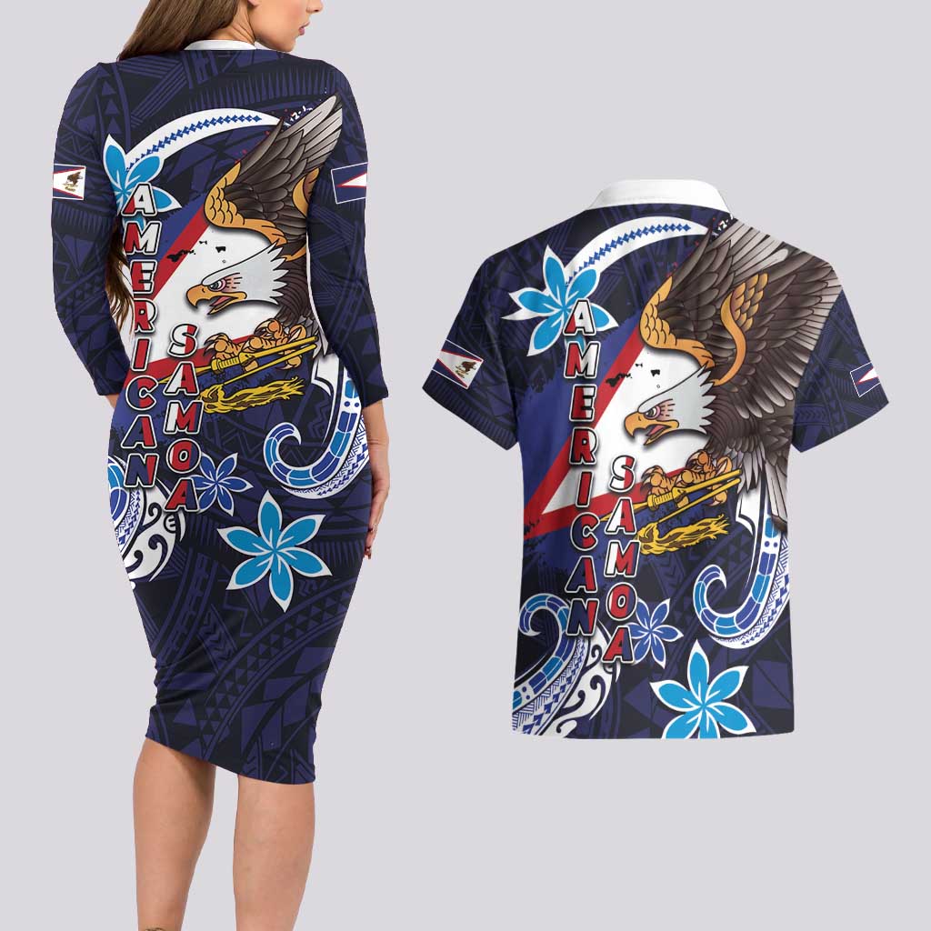 American Samoa Flag Day Couples Matching Long Sleeve Bodycon Dress and Hawaiian Shirt Bald Eagle with Uatogi and Fue - Polynesian and Floral Tribal Tattoo LT03 - Polynesian Pride