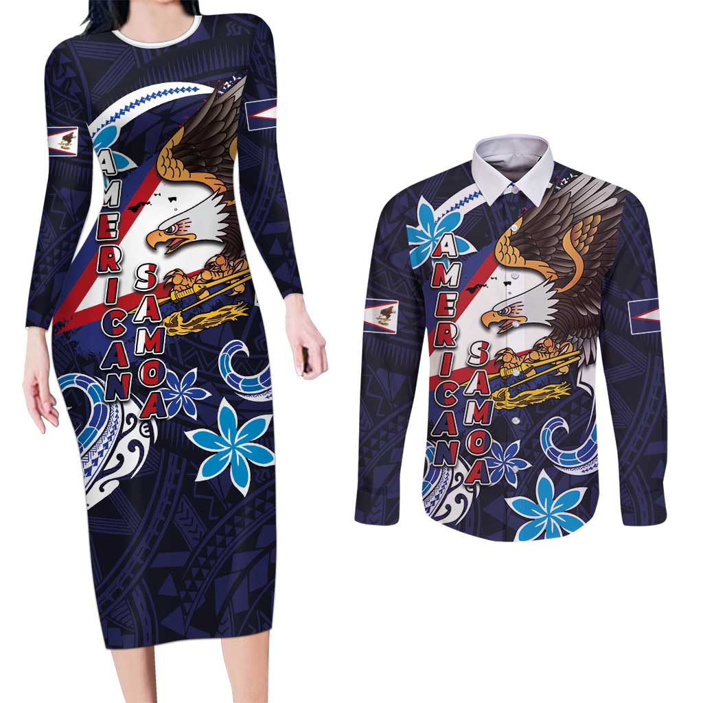 American Samoa Flag Day Couples Matching Long Sleeve Bodycon Dress and Long Sleeve Button Shirt Bald Eagle with Uatogi and Fue - Polynesian and Floral Tribal Tattoo LT03 Navy - Polynesian Pride