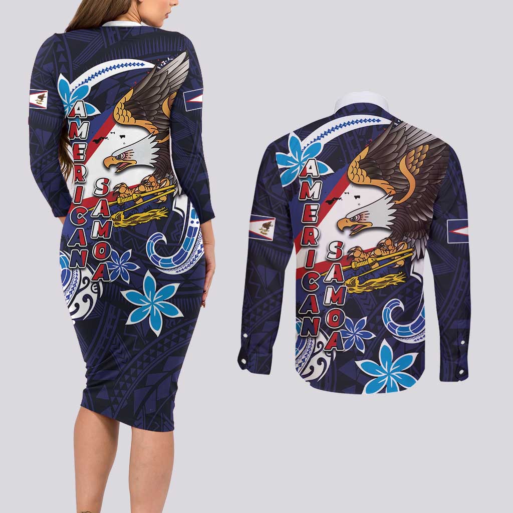 American Samoa Flag Day Couples Matching Long Sleeve Bodycon Dress and Long Sleeve Button Shirt Bald Eagle with Uatogi and Fue - Polynesian and Floral Tribal Tattoo LT03 - Polynesian Pride