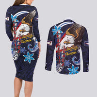 American Samoa Flag Day Couples Matching Long Sleeve Bodycon Dress and Long Sleeve Button Shirt Bald Eagle with Uatogi and Fue - Polynesian and Floral Tribal Tattoo LT03 - Polynesian Pride
