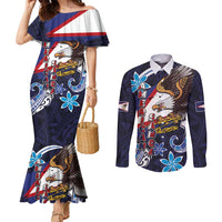 American Samoa Flag Day Couples Matching Mermaid Dress and Long Sleeve Button Shirt Bald Eagle with Uatogi and Fue - Polynesian and Floral Tribal Tattoo LT03 Navy - Polynesian Pride