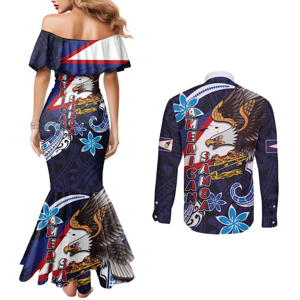 American Samoa Flag Day Couples Matching Mermaid Dress and Long Sleeve Button Shirt Bald Eagle with Uatogi and Fue - Polynesian and Floral Tribal Tattoo LT03 - Polynesian Pride