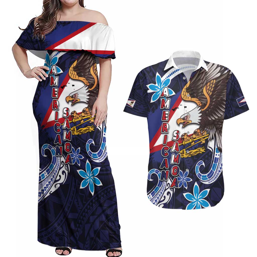 American Samoa Flag Day Couples Matching Off Shoulder Maxi Dress and Hawaiian Shirt Bald Eagle with Uatogi and Fue - Polynesian and Floral Tribal Tattoo LT03 Navy - Polynesian Pride