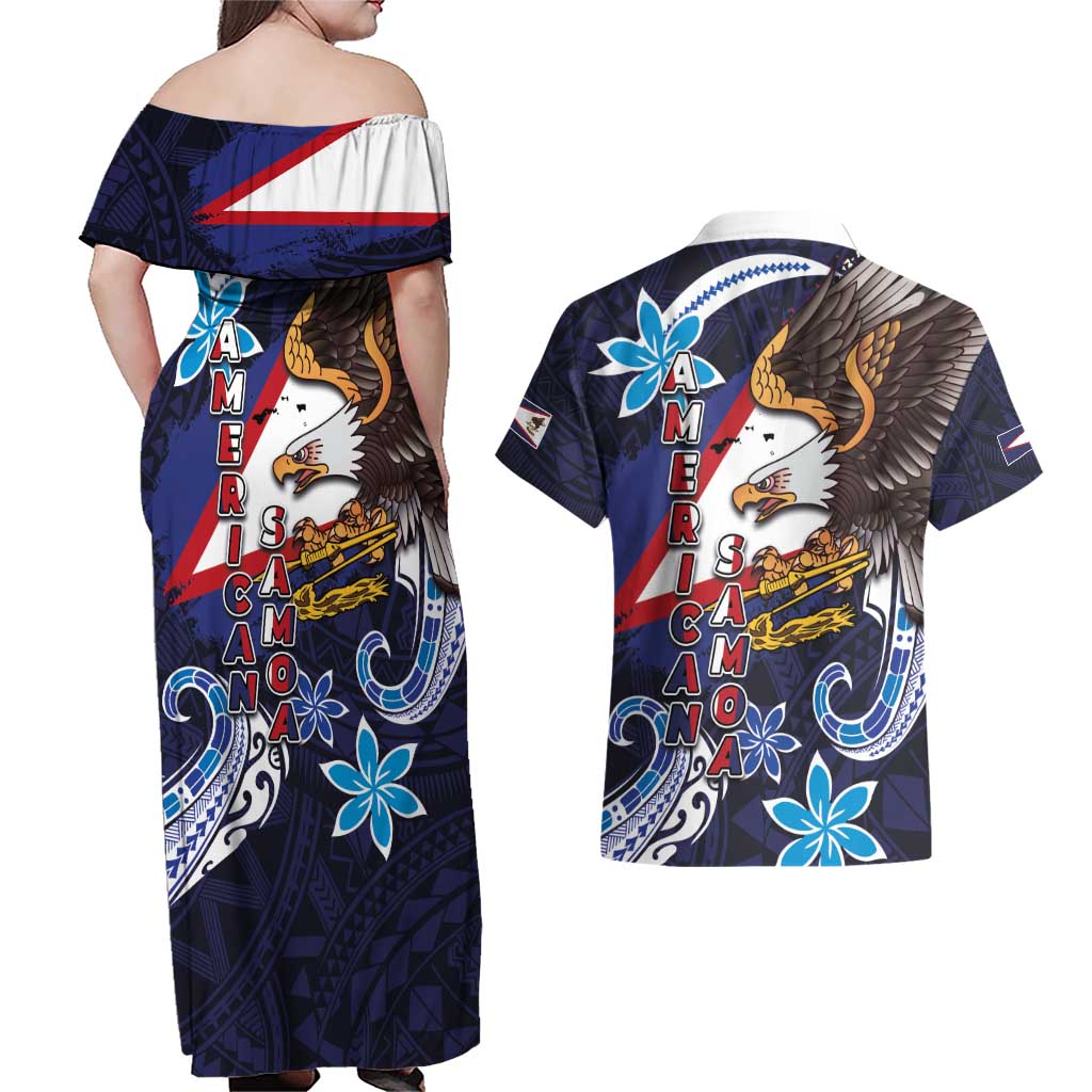 American Samoa Flag Day Couples Matching Off Shoulder Maxi Dress and Hawaiian Shirt Bald Eagle with Uatogi and Fue - Polynesian and Floral Tribal Tattoo LT03 - Polynesian Pride