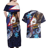 American Samoa Flag Day Couples Matching Off Shoulder Maxi Dress and Hawaiian Shirt Bald Eagle with Uatogi and Fue - Polynesian and Floral Tribal Tattoo LT03 - Polynesian Pride
