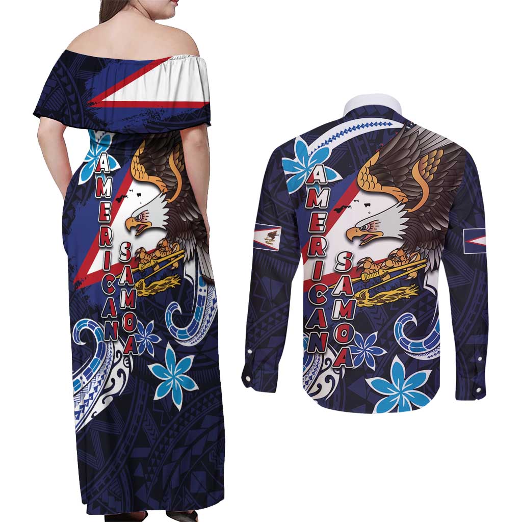 American Samoa Flag Day Couples Matching Off Shoulder Maxi Dress and Long Sleeve Button Shirt Bald Eagle with Uatogi and Fue - Polynesian and Floral Tribal Tattoo LT03 - Polynesian Pride