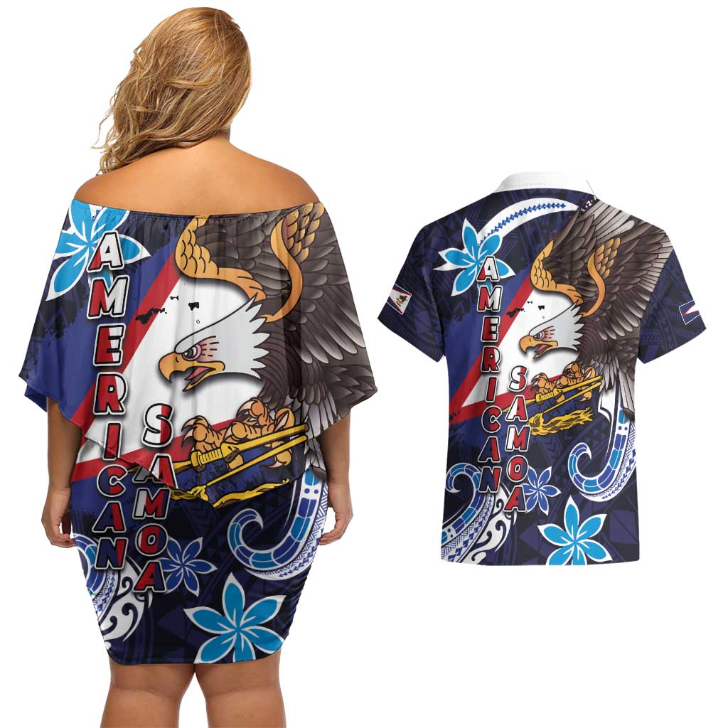 American Samoa Flag Day Couples Matching Off Shoulder Short Dress and Hawaiian Shirt Bald Eagle with Uatogi and Fue - Polynesian and Floral Tribal Tattoo LT03 - Polynesian Pride