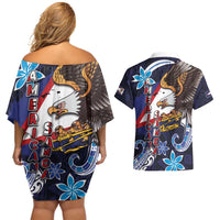 American Samoa Flag Day Couples Matching Off Shoulder Short Dress and Hawaiian Shirt Bald Eagle with Uatogi and Fue - Polynesian and Floral Tribal Tattoo LT03 - Polynesian Pride