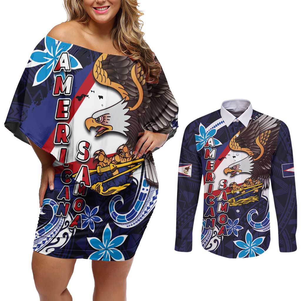 American Samoa Flag Day Couples Matching Off Shoulder Short Dress and Long Sleeve Button Shirt Bald Eagle with Uatogi and Fue - Polynesian and Floral Tribal Tattoo LT03 Navy - Polynesian Pride