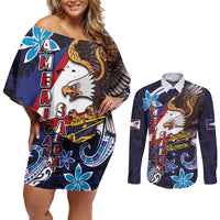 American Samoa Flag Day Couples Matching Off Shoulder Short Dress and Long Sleeve Button Shirt Bald Eagle with Uatogi and Fue - Polynesian and Floral Tribal Tattoo LT03 Navy - Polynesian Pride