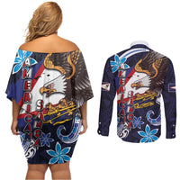 American Samoa Flag Day Couples Matching Off Shoulder Short Dress and Long Sleeve Button Shirt Bald Eagle with Uatogi and Fue - Polynesian and Floral Tribal Tattoo LT03 - Polynesian Pride
