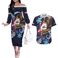 American Samoa Flag Day Couples Matching Off The Shoulder Long Sleeve Dress and Hawaiian Shirt Bald Eagle with Uatogi and Fue - Polynesian and Floral Tribal Tattoo LT03 Navy - Polynesian Pride