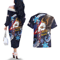 American Samoa Flag Day Couples Matching Off The Shoulder Long Sleeve Dress and Hawaiian Shirt Bald Eagle with Uatogi and Fue - Polynesian and Floral Tribal Tattoo LT03 - Polynesian Pride