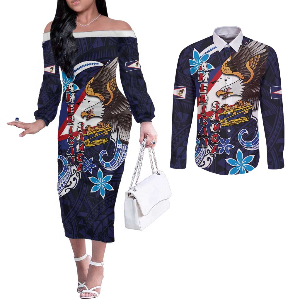 American Samoa Flag Day Couples Matching Off The Shoulder Long Sleeve Dress and Long Sleeve Button Shirt Bald Eagle with Uatogi and Fue - Polynesian and Floral Tribal Tattoo LT03 Navy - Polynesian Pride