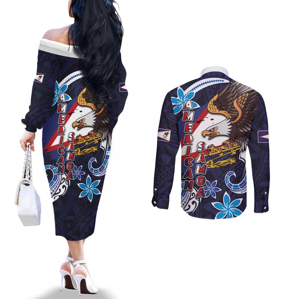 American Samoa Flag Day Couples Matching Off The Shoulder Long Sleeve Dress and Long Sleeve Button Shirt Bald Eagle with Uatogi and Fue - Polynesian and Floral Tribal Tattoo LT03 - Polynesian Pride