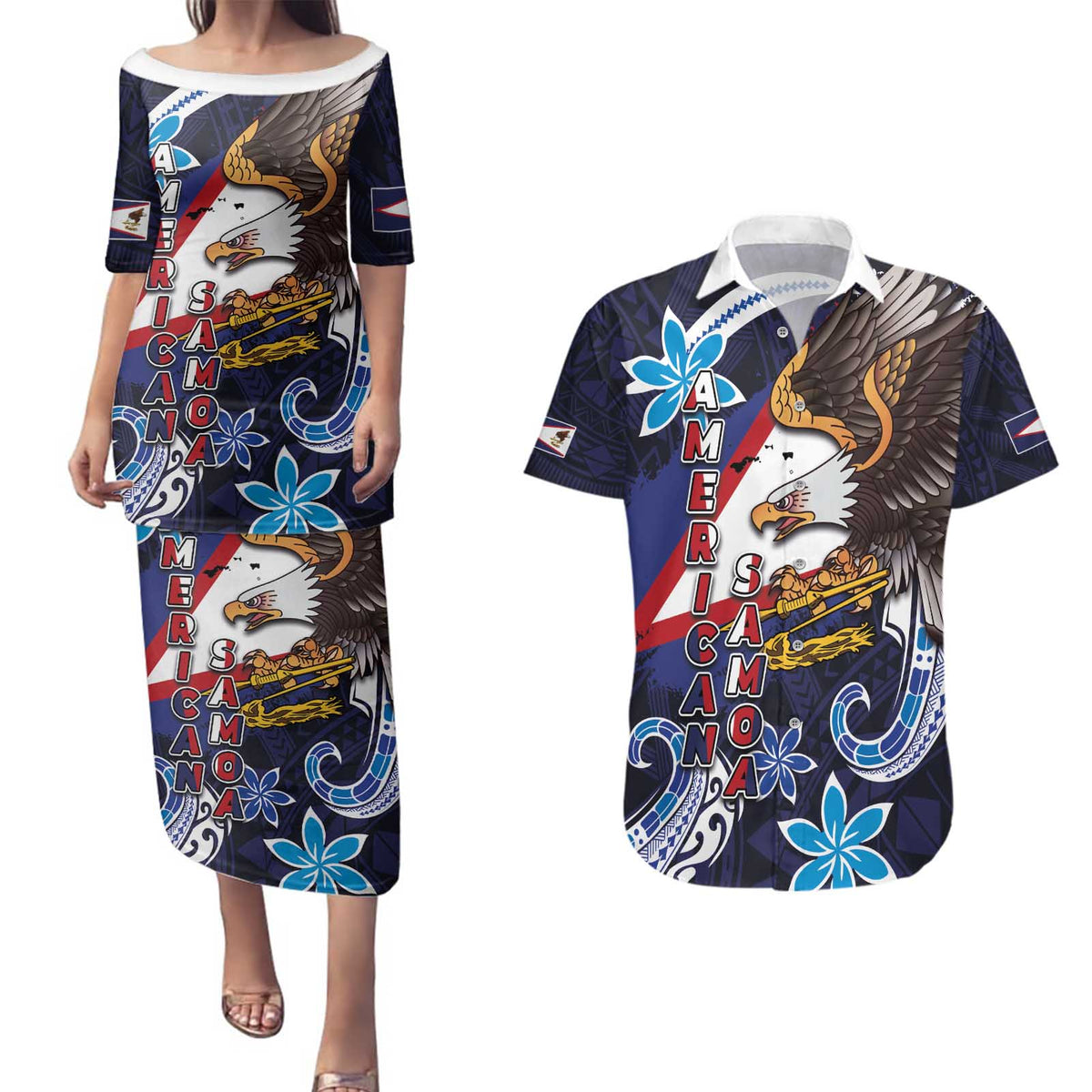 American Samoa Flag Day Couples Matching Puletasi and Hawaiian Shirt Bald Eagle with Uatogi and Fue - Polynesian and Floral Tribal Tattoo LT03 Navy - Polynesian Pride