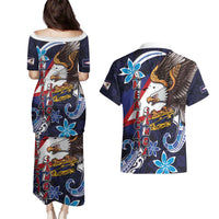 American Samoa Flag Day Couples Matching Puletasi and Hawaiian Shirt Bald Eagle with Uatogi and Fue - Polynesian and Floral Tribal Tattoo LT03 - Polynesian Pride