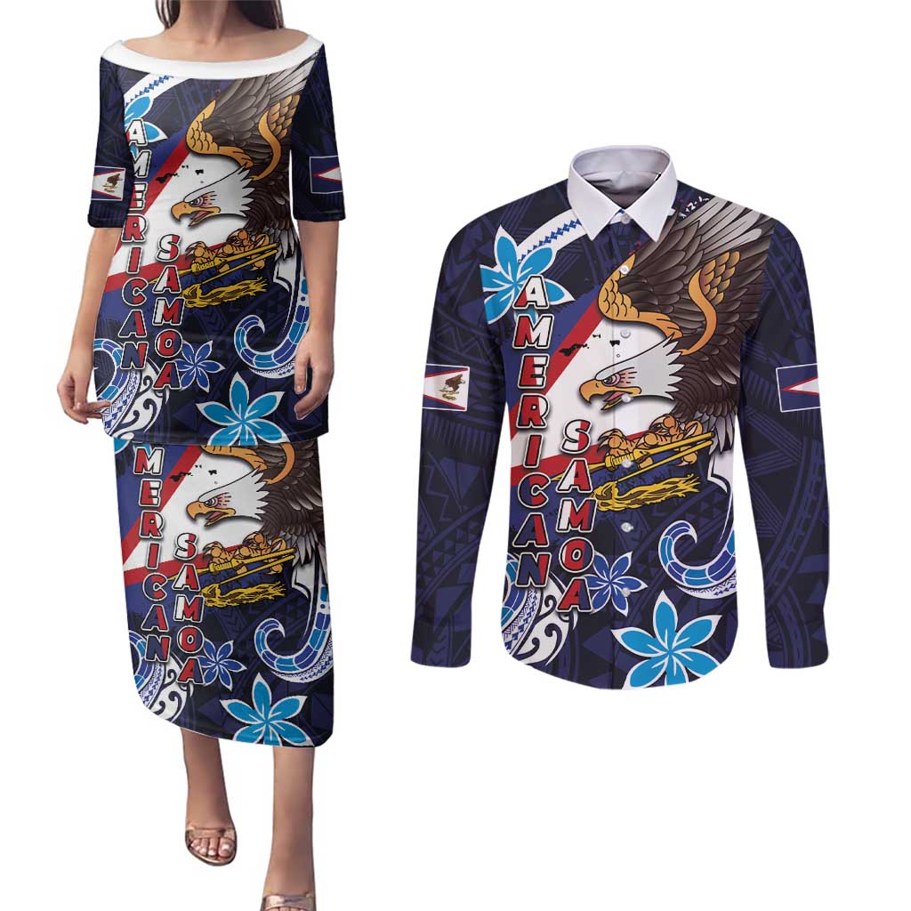 American Samoa Flag Day Couples Matching Puletasi and Long Sleeve Button Shirt Bald Eagle with Uatogi and Fue - Polynesian and Floral Tribal Tattoo LT03 Navy - Polynesian Pride