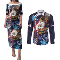American Samoa Flag Day Couples Matching Puletasi and Long Sleeve Button Shirt Bald Eagle with Uatogi and Fue - Polynesian and Floral Tribal Tattoo LT03 Navy - Polynesian Pride