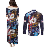 American Samoa Flag Day Couples Matching Puletasi and Long Sleeve Button Shirt Bald Eagle with Uatogi and Fue - Polynesian and Floral Tribal Tattoo LT03 - Polynesian Pride