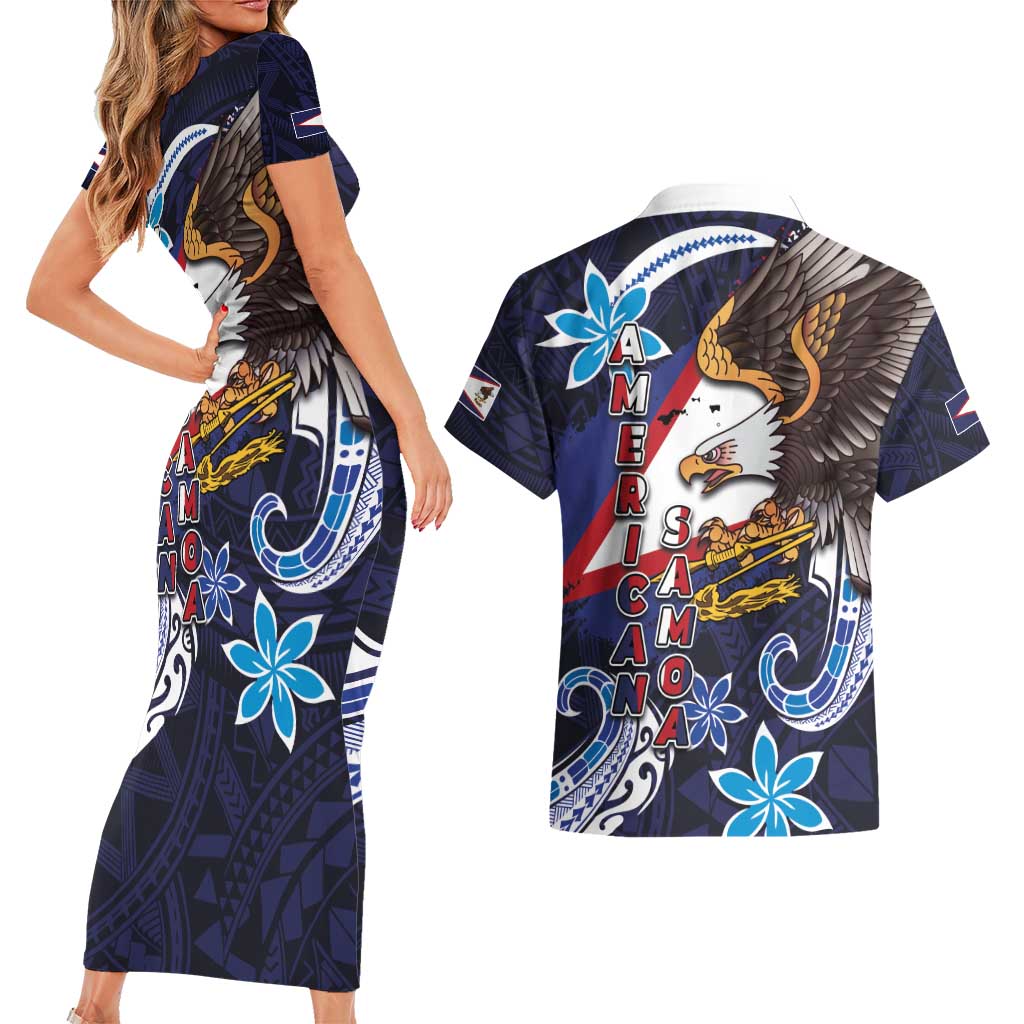 American Samoa Flag Day Couples Matching Short Sleeve Bodycon Dress and Hawaiian Shirt Bald Eagle with Uatogi and Fue - Polynesian and Floral Tribal Tattoo LT03 - Polynesian Pride
