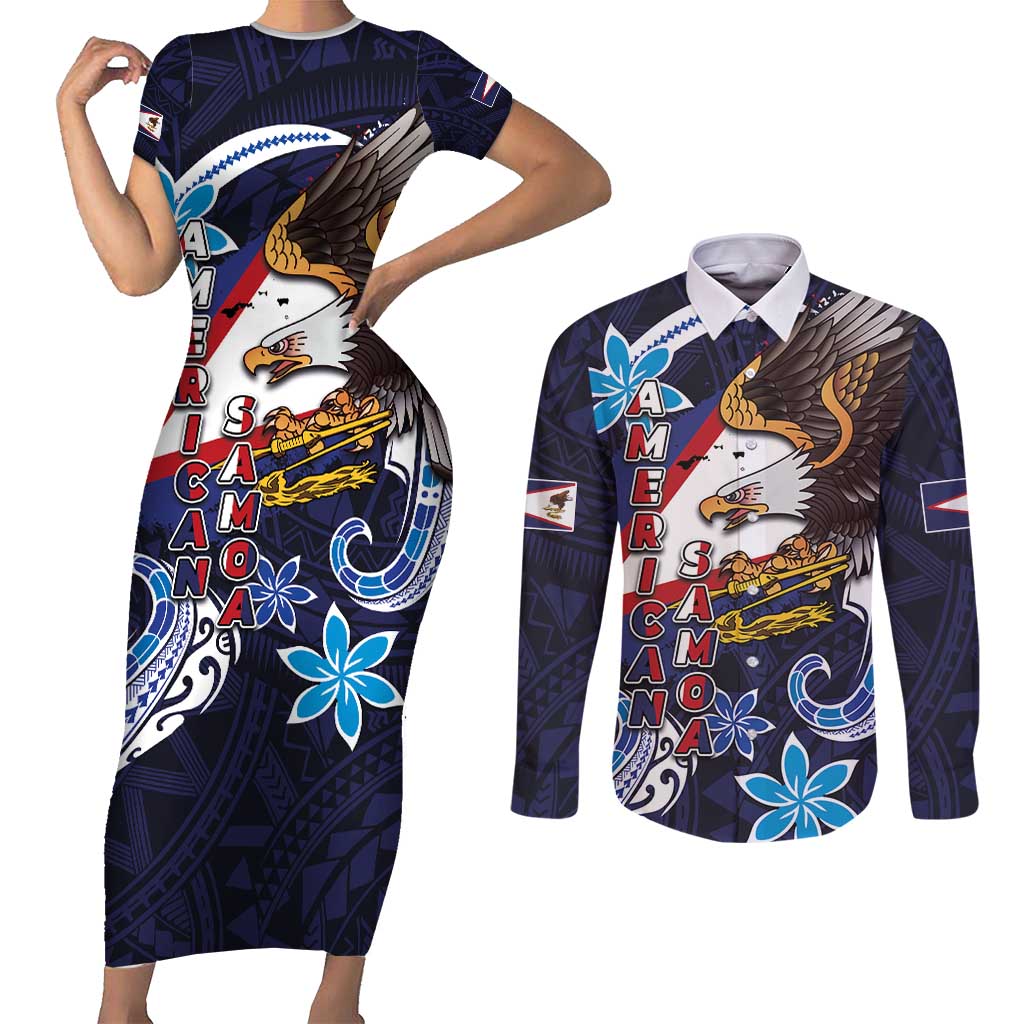 American Samoa Flag Day Couples Matching Short Sleeve Bodycon Dress and Long Sleeve Button Shirt Bald Eagle with Uatogi and Fue - Polynesian and Floral Tribal Tattoo LT03 Navy - Polynesian Pride