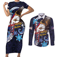 American Samoa Flag Day Couples Matching Short Sleeve Bodycon Dress and Long Sleeve Button Shirt Bald Eagle with Uatogi and Fue - Polynesian and Floral Tribal Tattoo LT03 Navy - Polynesian Pride