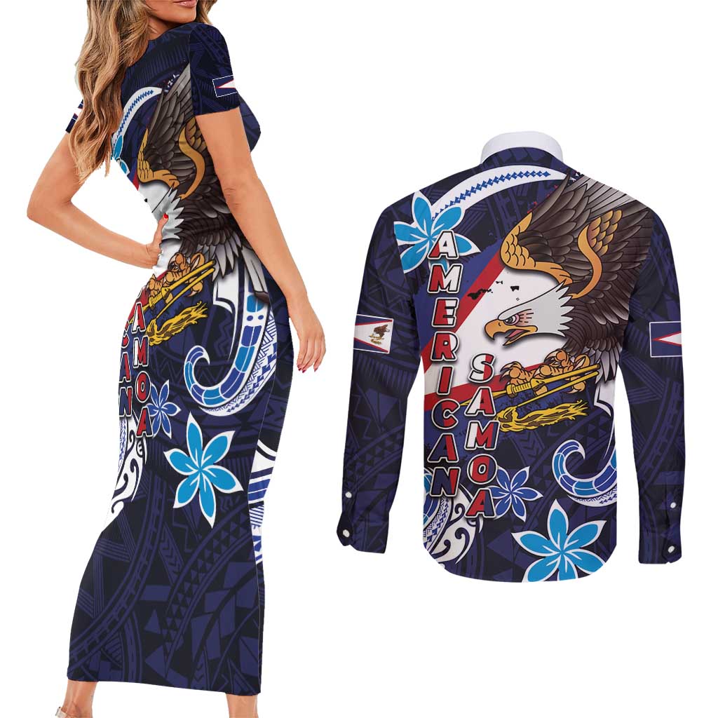 American Samoa Flag Day Couples Matching Short Sleeve Bodycon Dress and Long Sleeve Button Shirt Bald Eagle with Uatogi and Fue - Polynesian and Floral Tribal Tattoo LT03 - Polynesian Pride