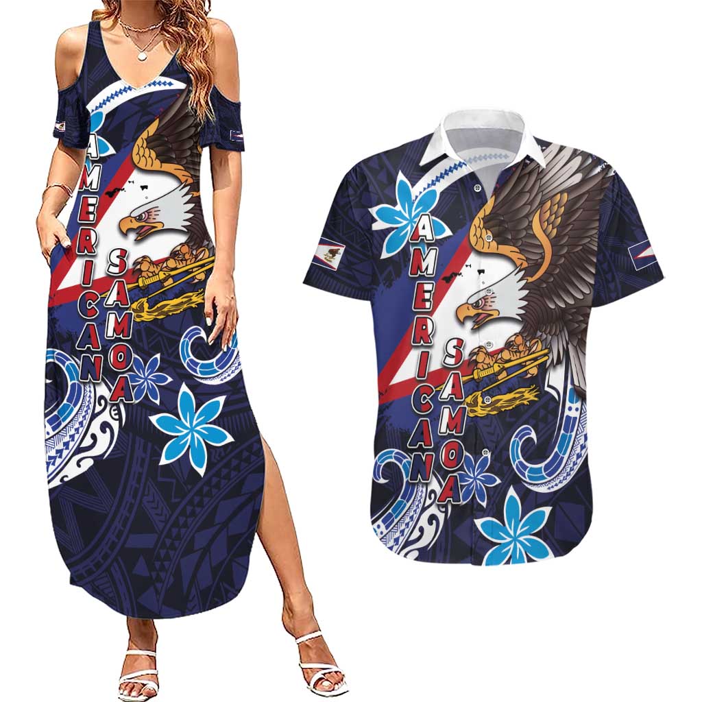 American Samoa Flag Day Couples Matching Summer Maxi Dress and Hawaiian Shirt Bald Eagle with Uatogi and Fue - Polynesian and Floral Tribal Tattoo LT03 Navy - Polynesian Pride