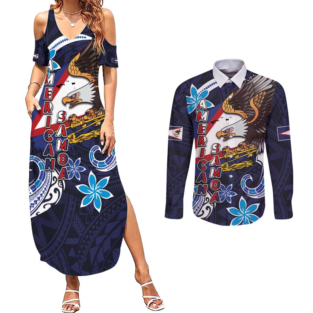 American Samoa Flag Day Couples Matching Summer Maxi Dress and Long Sleeve Button Shirt Bald Eagle with Uatogi and Fue - Polynesian and Floral Tribal Tattoo LT03 Navy - Polynesian Pride
