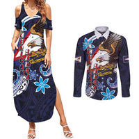 American Samoa Flag Day Couples Matching Summer Maxi Dress and Long Sleeve Button Shirt Bald Eagle with Uatogi and Fue - Polynesian and Floral Tribal Tattoo LT03 Navy - Polynesian Pride