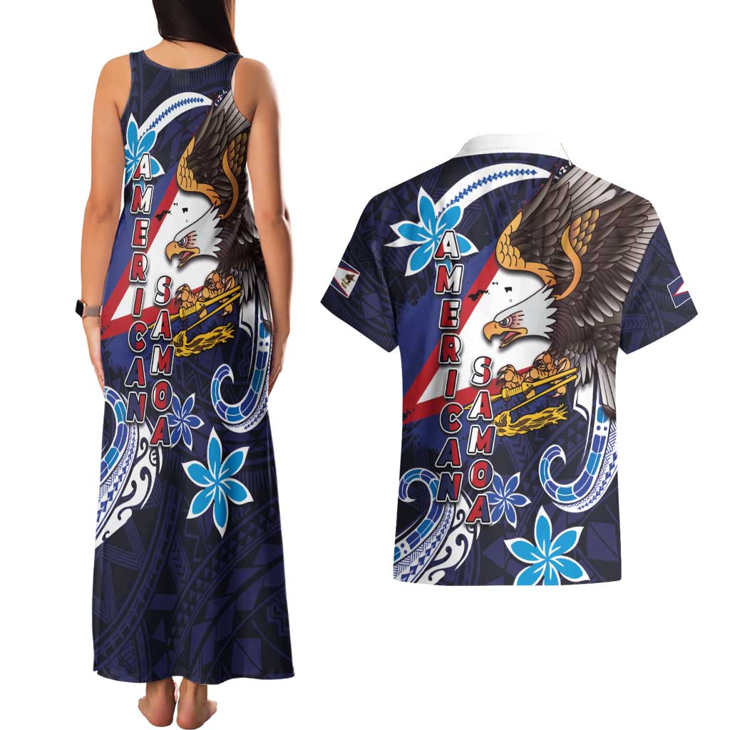 American Samoa Flag Day Couples Matching Tank Maxi Dress and Hawaiian Shirt Bald Eagle with Uatogi and Fue - Polynesian and Floral Tribal Tattoo LT03 - Polynesian Pride
