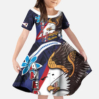 American Samoa Flag Day Family Matching Long Sleeve Bodycon Dress and Hawaiian Shirt Bald Eagle with Uatogi and Fue - Polynesian and Floral Tribal Tattoo LT03 Daughter's Dress Navy - Polynesian Pride