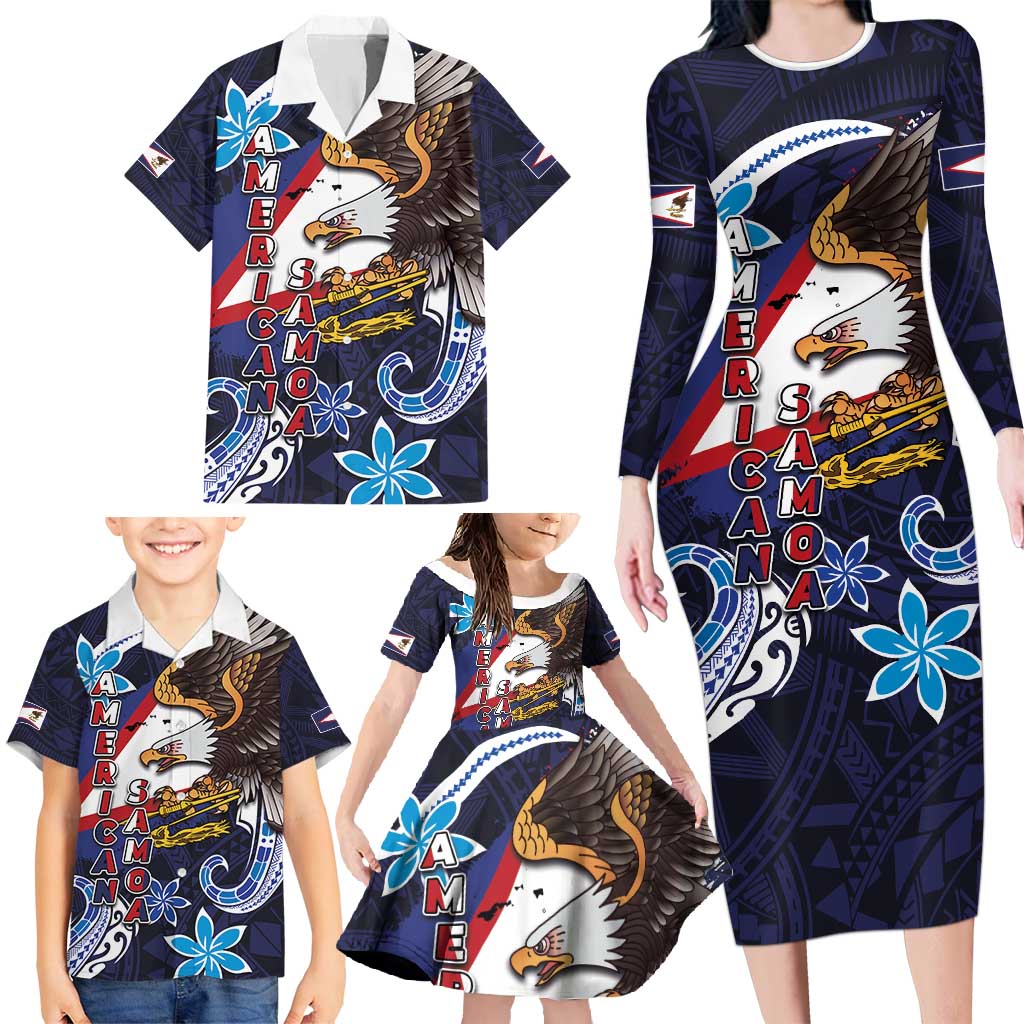 American Samoa Flag Day Family Matching Long Sleeve Bodycon Dress and Hawaiian Shirt Bald Eagle with Uatogi and Fue - Polynesian and Floral Tribal Tattoo LT03 - Polynesian Pride