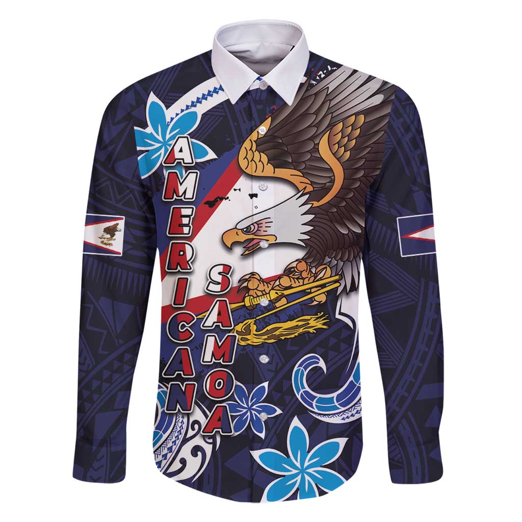 American Samoa Flag Day Family Matching Long Sleeve Bodycon Dress and Hawaiian Shirt Bald Eagle with Uatogi and Fue - Polynesian and Floral Tribal Tattoo LT03 Dad's Shirt - Long Sleeve Navy - Polynesian Pride