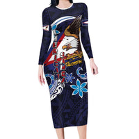 American Samoa Flag Day Family Matching Long Sleeve Bodycon Dress and Hawaiian Shirt Bald Eagle with Uatogi and Fue - Polynesian and Floral Tribal Tattoo LT03 Mom's Dress Navy - Polynesian Pride