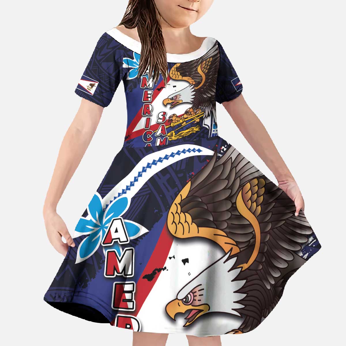 American Samoa Flag Day Family Matching Off The Shoulder Long Sleeve Dress and Hawaiian Shirt Bald Eagle with Uatogi and Fue - Polynesian and Floral Tribal Tattoo LT03 Daughter's Dress Navy - Polynesian Pride