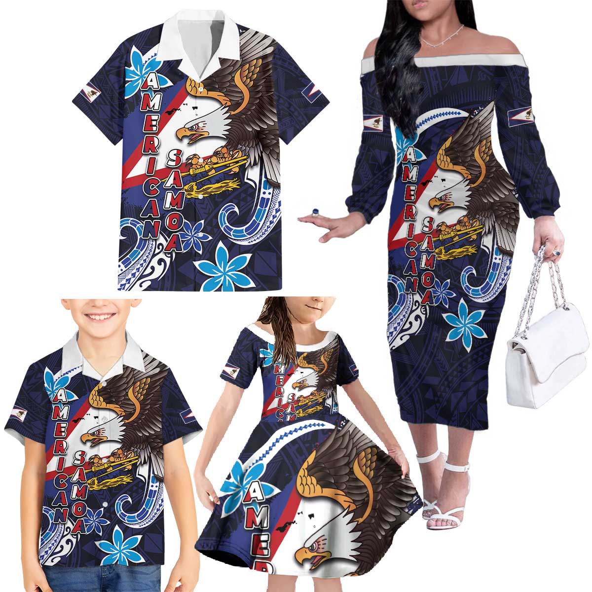 American Samoa Flag Day Family Matching Off The Shoulder Long Sleeve Dress and Hawaiian Shirt Bald Eagle with Uatogi and Fue - Polynesian and Floral Tribal Tattoo LT03 - Polynesian Pride
