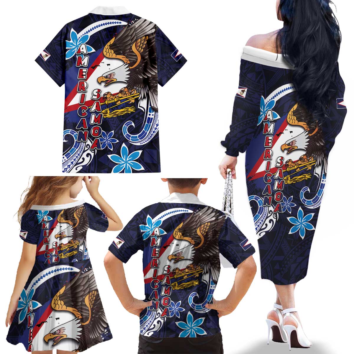 American Samoa Flag Day Family Matching Off The Shoulder Long Sleeve Dress and Hawaiian Shirt Bald Eagle with Uatogi and Fue - Polynesian and Floral Tribal Tattoo LT03 - Polynesian Pride