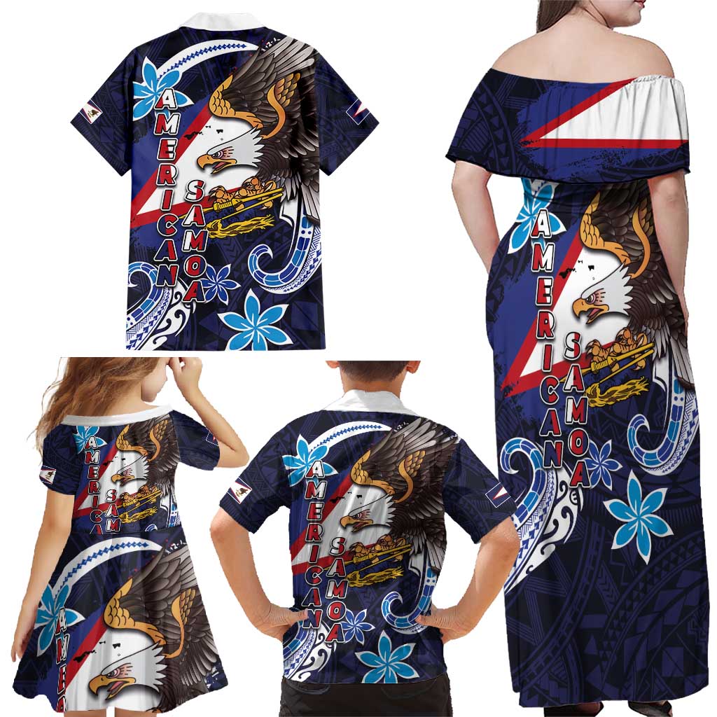 American Samoa Flag Day Family Matching Off Shoulder Maxi Dress and Hawaiian Shirt Bald Eagle with Uatogi and Fue - Polynesian and Floral Tribal Tattoo LT03 - Polynesian Pride