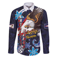 American Samoa Flag Day Family Matching Off Shoulder Maxi Dress and Hawaiian Shirt Bald Eagle with Uatogi and Fue - Polynesian and Floral Tribal Tattoo LT03 Dad's Shirt - Long Sleeve Navy - Polynesian Pride