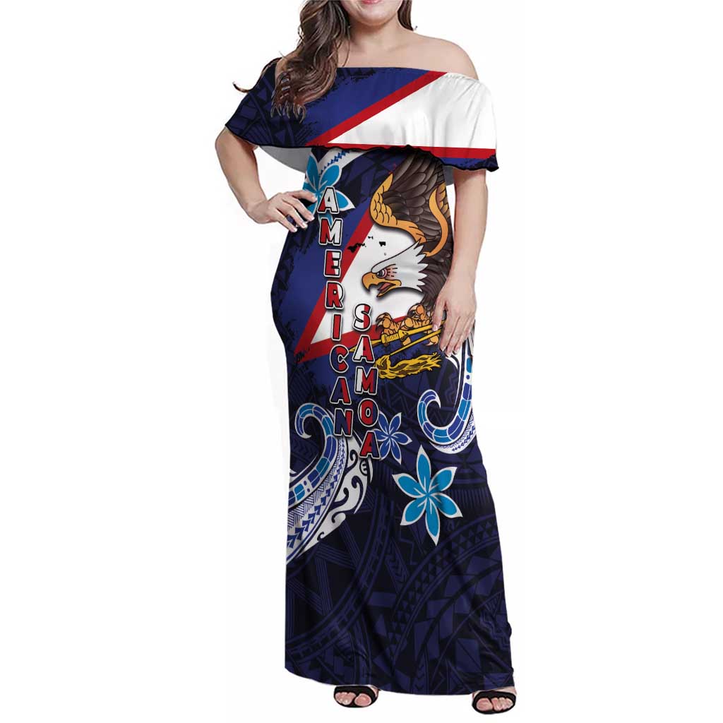 American Samoa Flag Day Family Matching Off Shoulder Maxi Dress and Hawaiian Shirt Bald Eagle with Uatogi and Fue - Polynesian and Floral Tribal Tattoo LT03 Mom's Dress Navy - Polynesian Pride