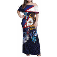 American Samoa Flag Day Family Matching Off Shoulder Maxi Dress and Hawaiian Shirt Bald Eagle with Uatogi and Fue - Polynesian and Floral Tribal Tattoo LT03 Mom's Dress Navy - Polynesian Pride