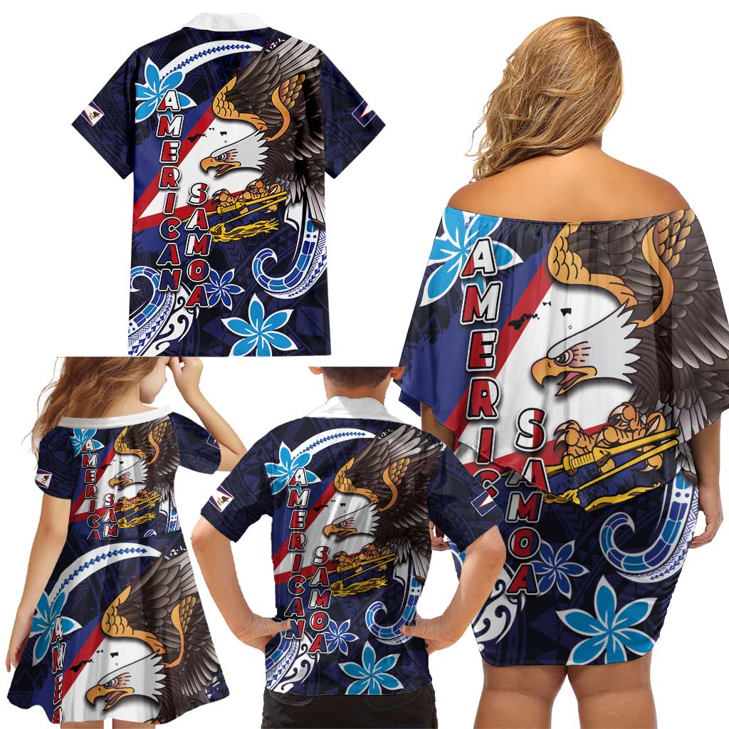 American Samoa Flag Day Family Matching Off Shoulder Short Dress and Hawaiian Shirt Bald Eagle with Uatogi and Fue - Polynesian and Floral Tribal Tattoo LT03 - Polynesian Pride