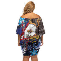 American Samoa Flag Day Family Matching Off Shoulder Short Dress and Hawaiian Shirt Bald Eagle with Uatogi and Fue - Polynesian and Floral Tribal Tattoo LT03 - Polynesian Pride