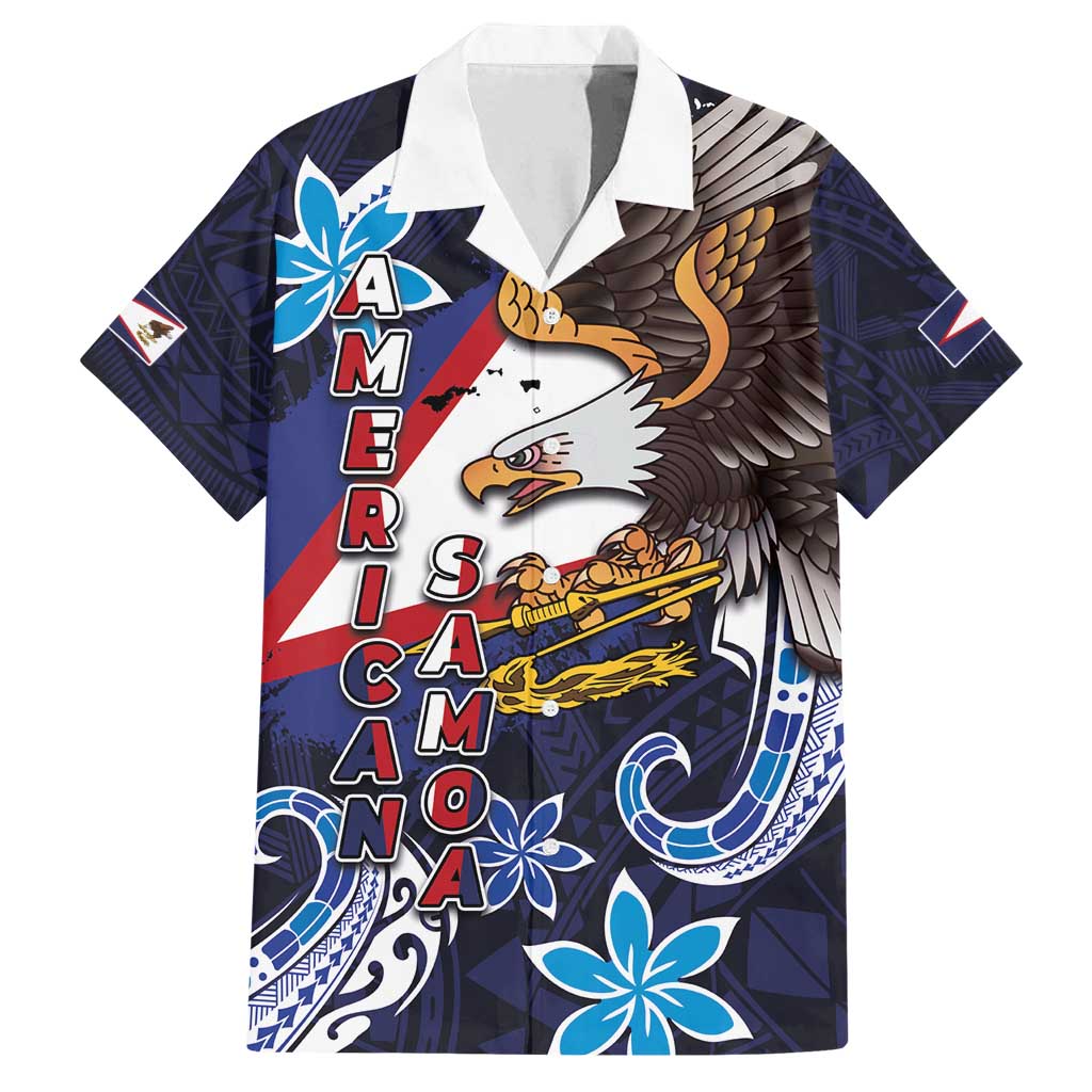 American Samoa Flag Day Family Matching Puletasi and Hawaiian Shirt Bald Eagle with Uatogi and Fue - Polynesian and Floral Tribal Tattoo LT03 Dad's Shirt - Short Sleeve Navy - Polynesian Pride