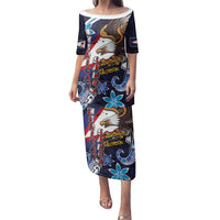 American Samoa Flag Day Family Matching Puletasi and Hawaiian Shirt Bald Eagle with Uatogi and Fue - Polynesian and Floral Tribal Tattoo LT03 Mom's Dress Navy - Polynesian Pride