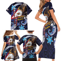 American Samoa Flag Day Family Matching Short Sleeve Bodycon Dress and Hawaiian Shirt Bald Eagle with Uatogi and Fue - Polynesian and Floral Tribal Tattoo LT03 - Polynesian Pride